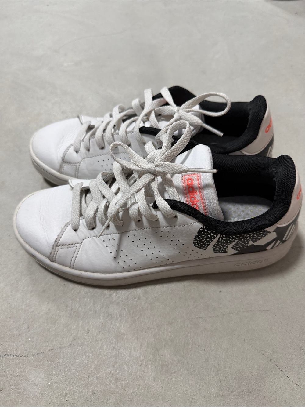 adidas White Leather Low-Top Sneakers with Black Lining & Coral Logos
